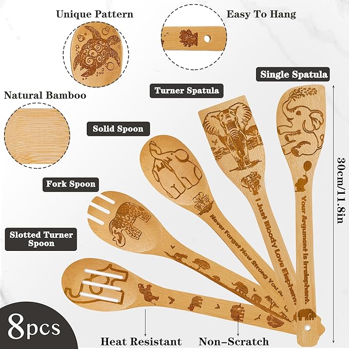 Elephant Gifts for Women,8pcs Elephants Bamboo Cooking Utensil Spoons with Apron Oven Mitt Potholder,Personalized Elephant Gift for Mom,Housewarming Kitchen Decor,Easter,Birthday,Mother's Day
