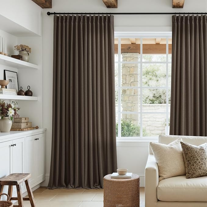 Pinch Pleat Dark Brown Chocolate Curtains 86 Inch Long for Living Room Patio Sliding Door Thick Linen Pleated Drape Back Tab Hooks Rings Semi Sheer Light Filtering Curtain for Ceiling Floor Bedroom