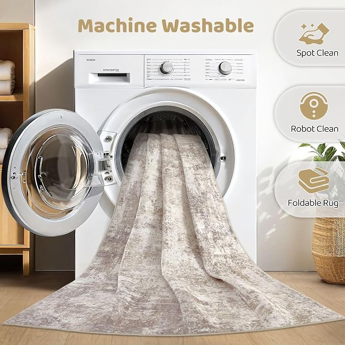 Runner Rug Kitchen Washable Rugs: 3x10 Non-Slip Abstract Soft Modern Stain Resistant Indoor Floor Neutral Accent Throw Carpet for Hallway Bathroom Laundry Room Entryway Bedroom- Beige Brown