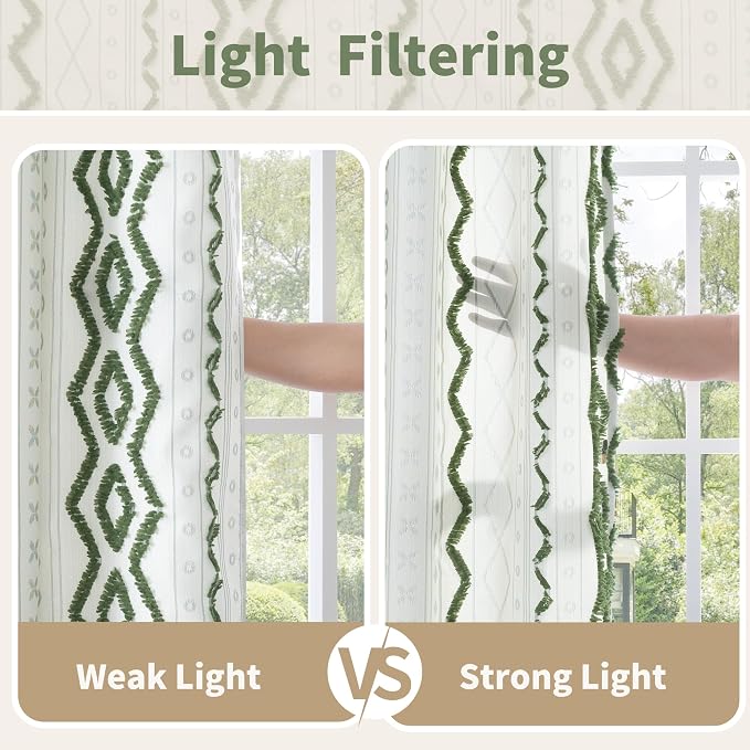 BGment Jacquard Linen Green Curtains for Living Room, Boho Tufted Striped Geometric Drapse with Grommet for Bedroom Privacy Light Filtering, 52 X 90 Inch
