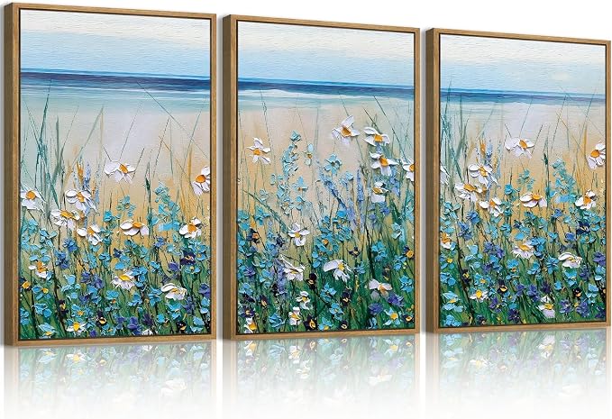 Blue Seaside Cyan Floral Wall Decor Wildflower Canvas Paintings Framed Floral Art Prints Blue Flowers Wall Art Wildflowers Wall Pictures for Living Room Bedroom Bathroom 16x24 Inch Set of 3