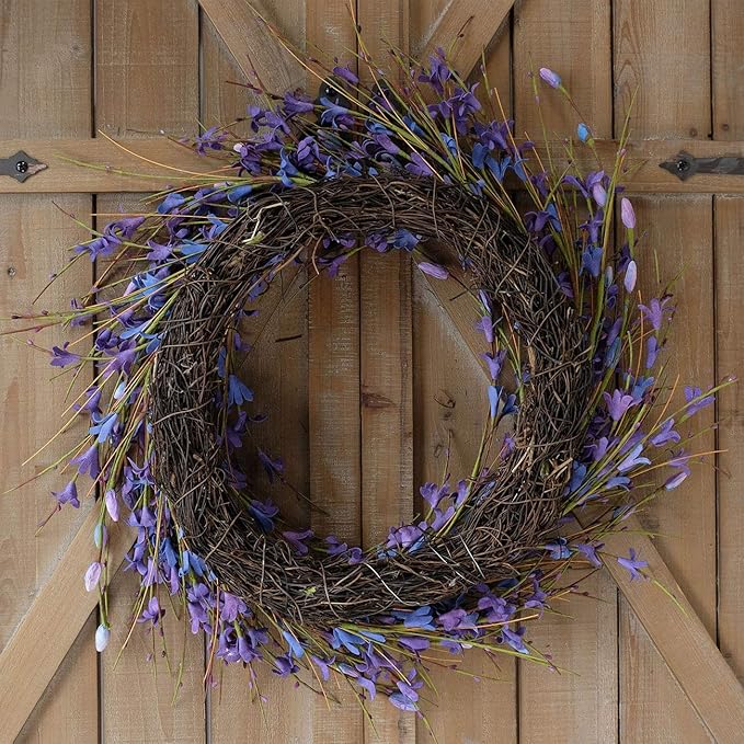 Bibelot 18inch Artificial Forsythia Flower Wreath, All Year Around Wreath for Front Door, Wedding Window Home Wall Indoor Front Door Decor (Purple, 18in)