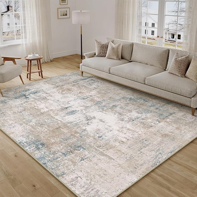 8x10 Washable Area Rug Beige Blue Abstract Non Slip Soft Low Pile Rug for Living Room Bedroom Dining Room Office Neutral Modern Indoor Large Throw Carpet for Home Decor