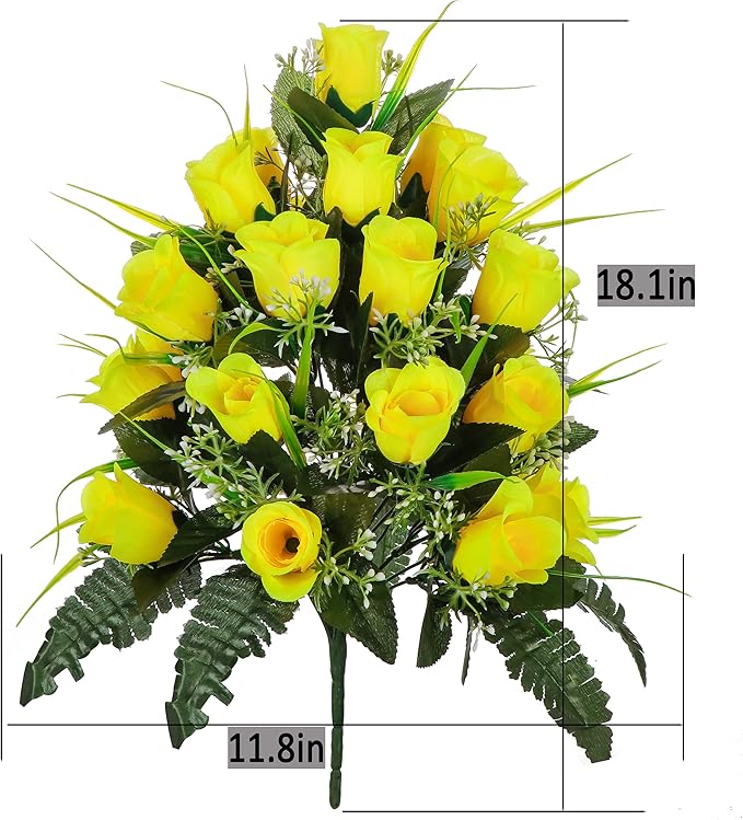 LVXINLI 2 Sets Artificial Cemetery Flowers,Outdoor Grave Decorations Roses,Beautiful Arrangements Bouquet with Cemetery Vase,Lasting and Non-Bleed Colors (Yellow)