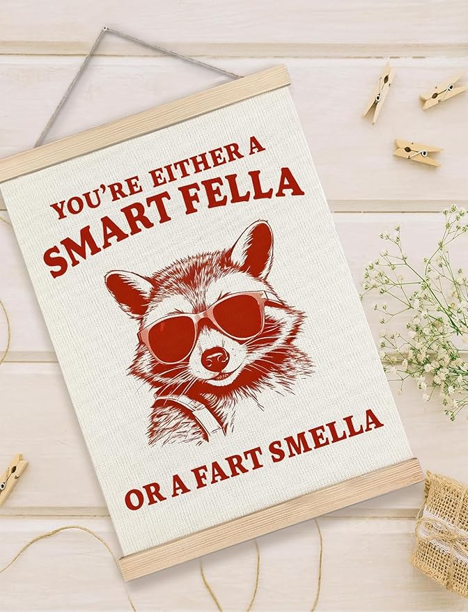 Foritho Funny Raccoon Meme Wall Art Poster Framed, Retro Sarcastic Trash Panda Are You A Smart Fella Or Fart Smella Canvas Prints Wall Decor for Home Bathroom Restroom Man Cave Teen Room, 12x16 Inch