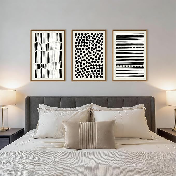 KAIRNE Abstract Black and White Framed Canvas Wall Art Set, Modern Geometric Wall Decor, Minimalist Line Art Prints, Neutral Boho Dots Artwork for Living Room, Bedroom, Farmhouse, Office -24"x36"x3