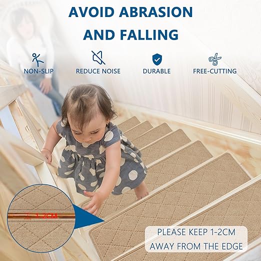 Stair Treads for Wooden Steps Indoor, 15 Pack 8" X 30" Non Slip Carpet Stair Treads with Reusable Adhesive for Kids Elders and Dogs, Surface Polyester TPR Backing Stair Rugs, Beige
