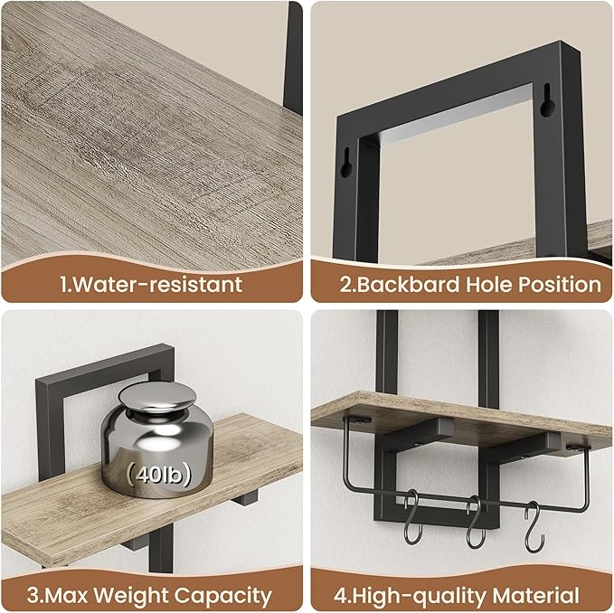 Creso hom Floating Shelves, 15" Wall Shelf Set of 2, Hanging Bathroom Shelves 2-Tier, Wall Mounted Storage Shelves, for Living Room Bedroom Bathroom Kitchen Office Coffee Bar, Greige