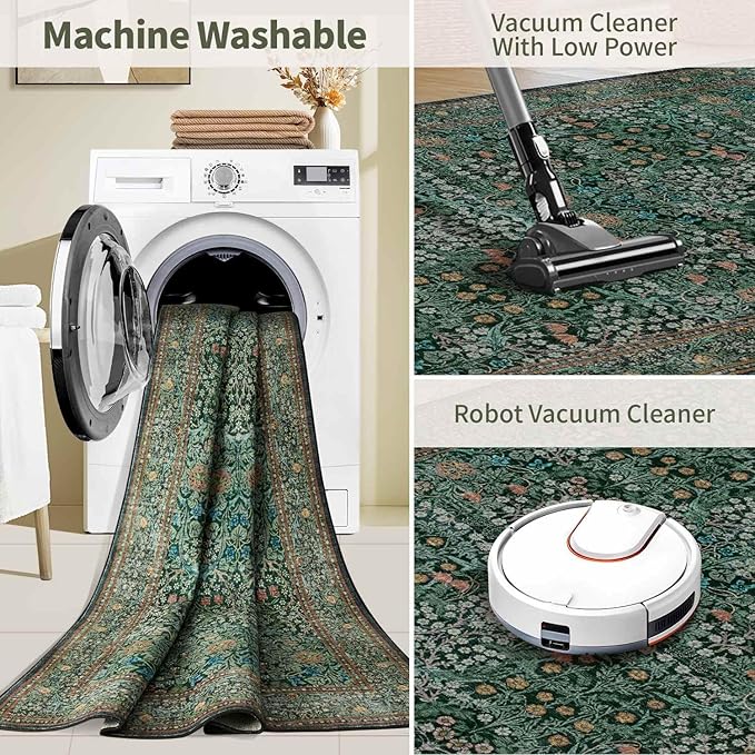 Rugxara 8x10 Area Rugs for Living Room, Large Washable Rug, Green Vintage Floral Boho Rug, Non Slip & Low Pile Faux Wool Thin Carpet for Indoor Dining Room and Bedroom(Dark Green 8x10ft)