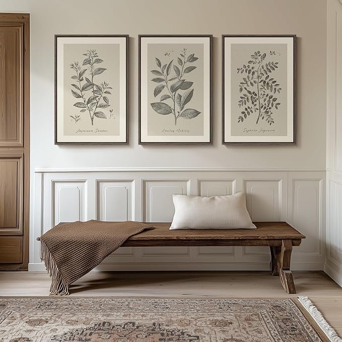Large Framed Botanical Wall Art for Living Room, 3 Piece Neutral Plant Canvas Painting Prints Artwork for Farmhouse Walls, Vintage Floral Pictures for Bedroom Kitchen Hallway Wall Decor, 20x30 Inch