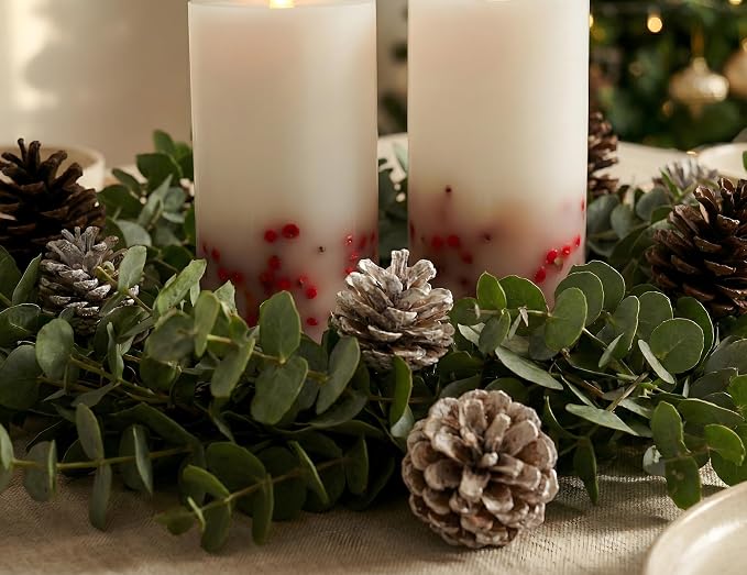 Brown Bark Flameless Pillar Candles Flickering with Remote Timer, Battery Operated LED 3D Moving Flame Real Wax Candles, Set of 2, D3 x H6,Remote Included (Red Berry)