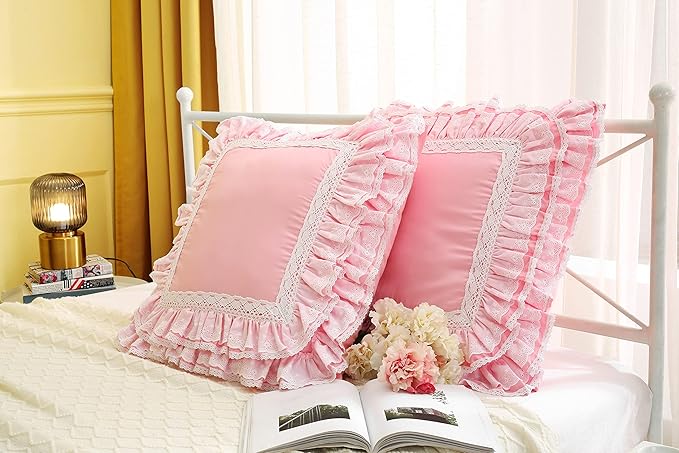2-Pack Luxury Lace Pink Euro Shams Throw Pillow Covers Cushion Cases with Ruffles Cotton 26"X26" Zipper Closure Elegant