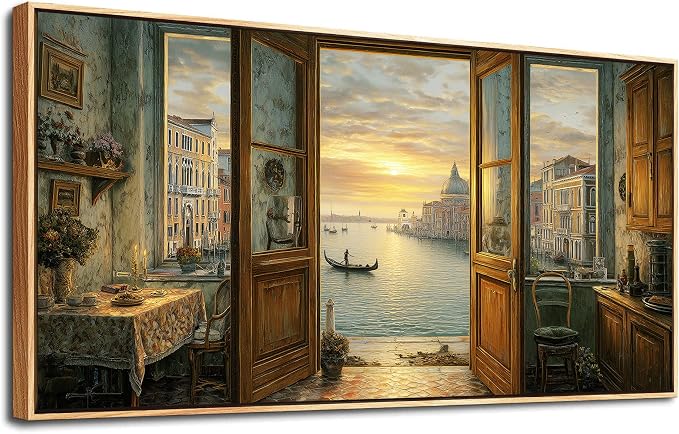 XIGUANGART Large Framed Vintage Wall Art, Living Room Country Farmhouse Decor, Italy Venice Grand Canal Landscape Paintings, Canvas Prints, Scenery Long Pictures for Bedroom Above of Bed,20x40inch