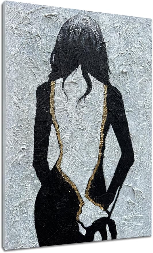 zoinart Hand Painted Black and White Textured Wall Art, 28x40 Inches, Black and White Girl Abstract Painting, Vertical Wall Decor
