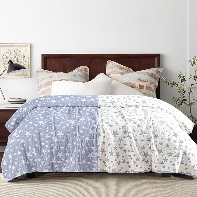 NTBAY 3 Layers Cotton Muslin 106x92 King Bed Blanket, Super Soft Breathable Thermal Yarn Dyed Quilt for Adults, Perfect Lightweight Blanket for Couch Sofa Bed All Seasons, Blue Stars