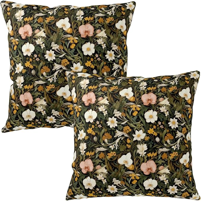 Vintage Flower Pillow Covers 20x20 Botanical Print Throw Pillow Covers Spring Summer Black Floral Pillow Cases Boho Wildflower Cushion Case for Home Bedroom Couch Decor 2 Pack