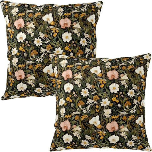 Spring Summer Dark Floral Throw Pillow Covers Vintage Flower Pillow Covers 18x18 Set of 2 Wildflower Botanical Outdoor Pillow Cases Rustic Boho Farmhouse Cushion Case for Porch Patio