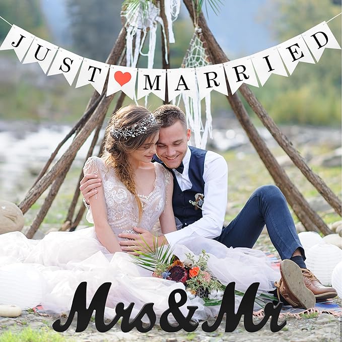 Mr. & Mrs. Sign for Table, Just Married Banner, Wooden Wedding Decor - Black Banner