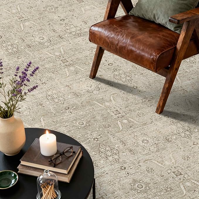 Rugxara 5x7 Area Rugs for Living Room Bedroom, Beige Washable Neutral Rug, Vintage Floral Retro Boho Non Slip & Low Pile Carpet for Dining Room, Classroom, Dorm, Nursery and Kids Room-Beige/Cream