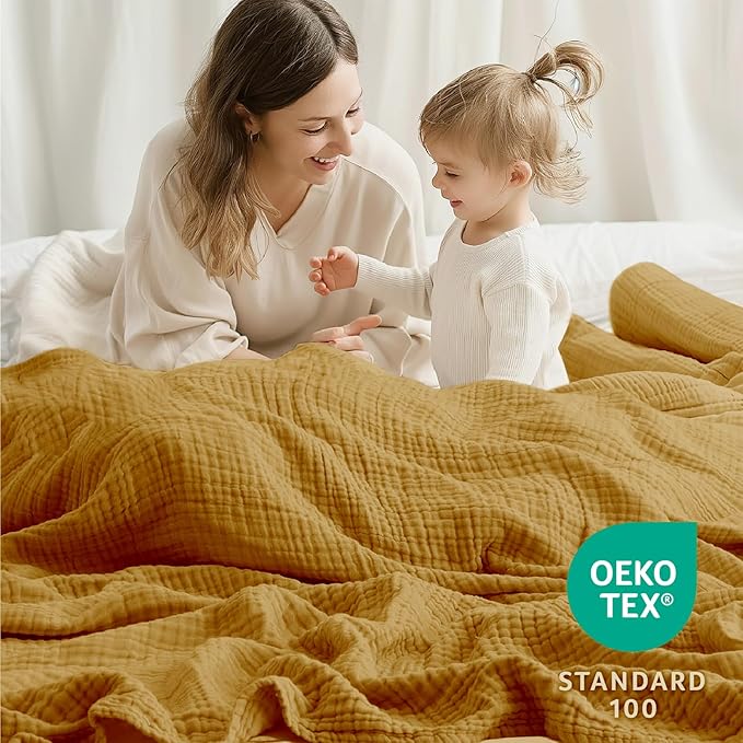 100% Cotton Muslin Blanket Twin 60" x 80", Breathable and Lightweight Cotton Twin Blankets for Couch, Soft Cooling Summer Gauze Blanket for Adults All Season, Camel