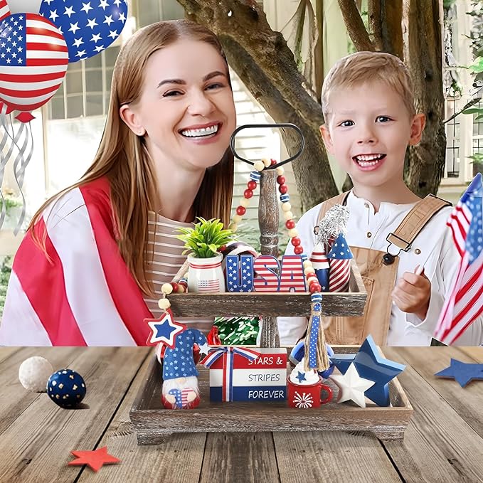 4th of July Decorations 8 Pcs Tiered Tray Decor, Patriotic Memorial Day Independence Day Decorations for Home Office Indoor, Fourth of July Table Centerpiece Shelf Mantel Red White and Blue Decor Sign