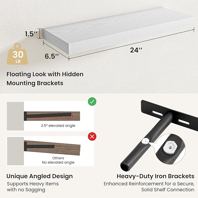 Fun Memories Rustic Floating Wall Shelves, Wall Mounted Wood Storage & Display Shelves for Bathroom, Bedroom, Living Room or Kitchen, (Set of 2, White, 24 in)