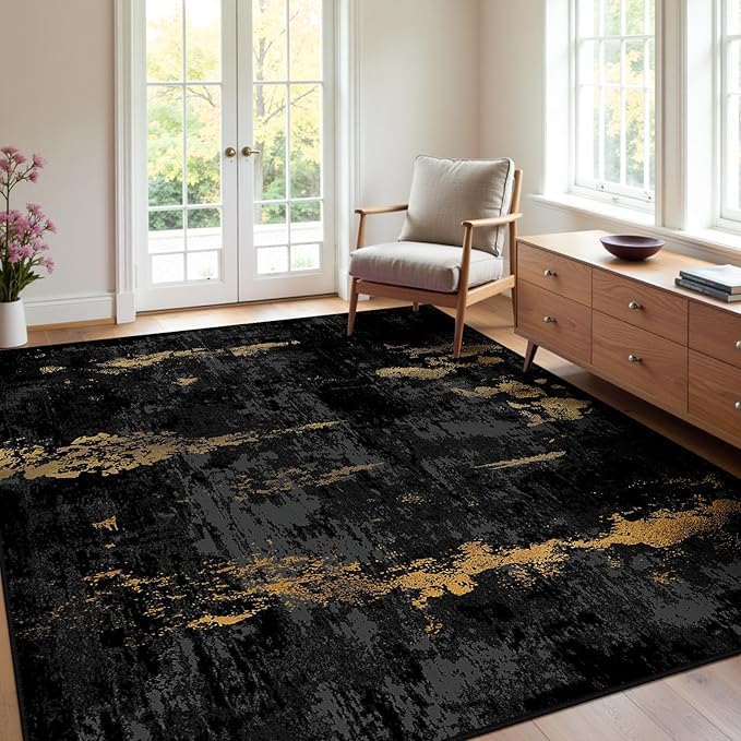 RELEANY Washable Area Rugs 4'x6' Non-Slip Modern Abstract Soft for Living Room Entryway Bedroom Nursery, Print Pattern, Dark Black Gold