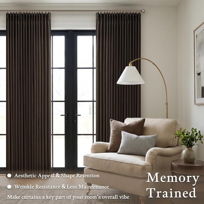 Dark Chocolate 84 Inch Pinch Pleated Linen Curtains 2 Panels Set for Living Room Bedroom Boho Farmhouse Light Filtering Semi Sheer Back Tab Pinch Pleat Hooks Rings Window Curtain 84 Inches Long