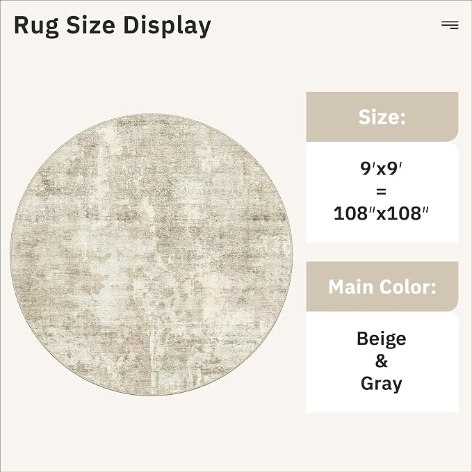 Soalmost 9x9 Beige Gray Round Rug 9ft Living Room Circle Rug Vintage Round Area Rug Non Slip Indoor Carpet for Apartment