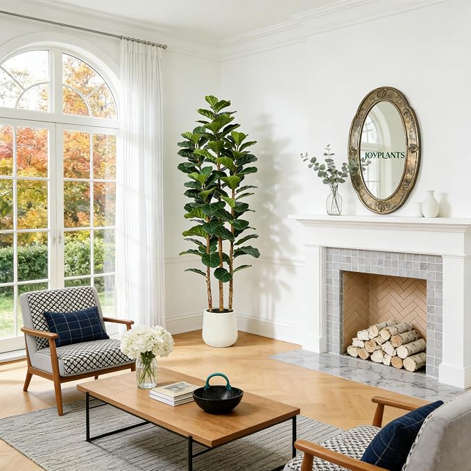 6ft Fake Fiddle Leaf Fig Tree, Realistic Fake Plants with Natural-Looking Trunk, Evergreen Faux Plants Indoor for Home & Office Decor（3 Poles, White Pot）