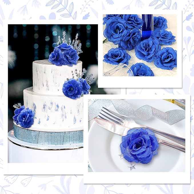 LELEE 108pcs Roses Head Flowers with Stem - Royal Blue Artificial Flowers Rose Bulk - Silk Rose Fake Flower for Wedding Bouquet Party Home Decor DIY Baby Shower Centerpieces Tables Decoration