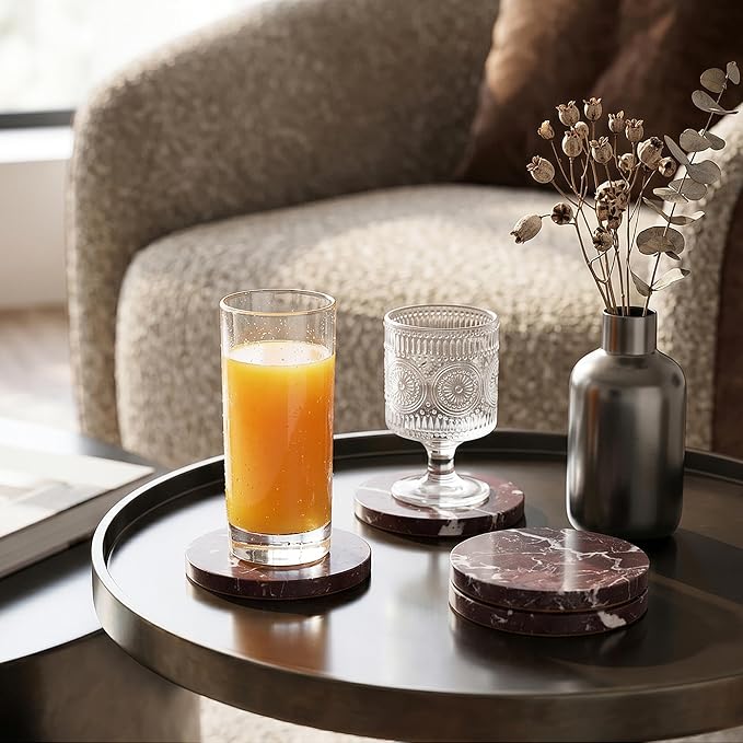 Natural Marble Coasters Set of 4-4" Round Stone Drink Coasters, Non-Slip Cork Backing, Housewarming Gift, Wedding, Protect Tables from Stains & Scratches Rosso Lepanto (WH114)