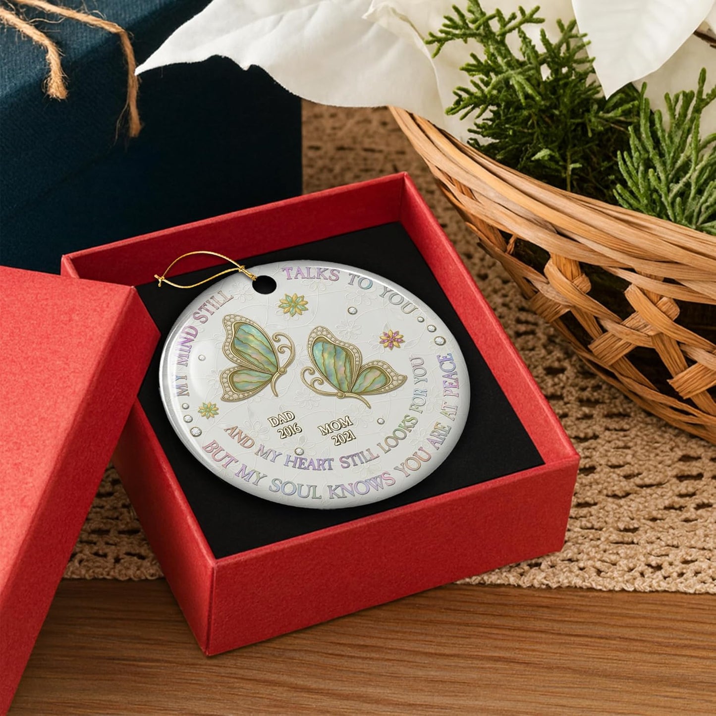 Memorial Ceramic Ornament Personalized Butterfly My Mind Still Talks to You - Custom Name Christmas Remembrance Ornament for Loss of Loved Ones Memory of Mom Dad in Heaven Sympathy Gift