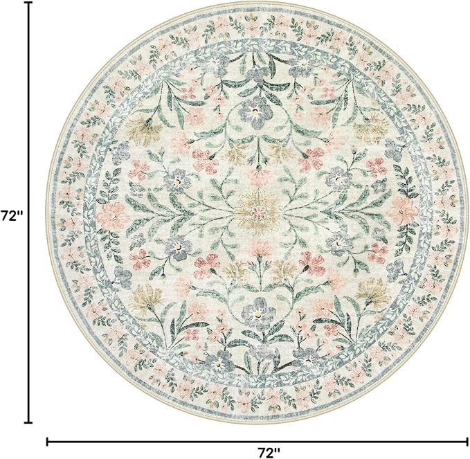 Wonnitar Floral Round Rugs 6ft, Boho Large Machine Washable Circle Rug, Low Pile Soft Flower Botanical Print Beige Round Carpet for Living Room Bedroom Dorm Sunroom