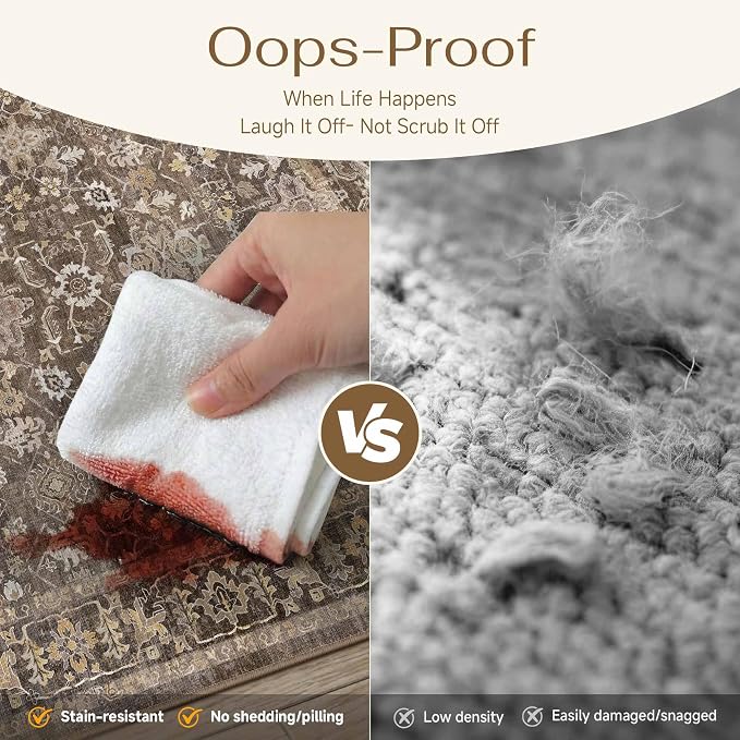3x5 Brown Washable Vintage Area Rug for Living Room Soft Floral Non Slip Throw Rug Modern Low Pile Stain Resistance Doormat Distressed Carpet Entrance Laundry Room Bedroom Office