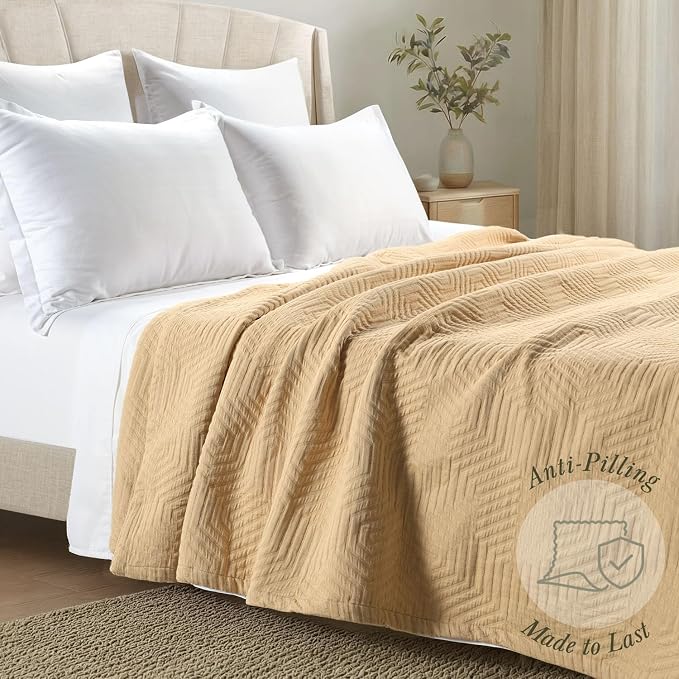 Threadmill Luxury Cotton Blankets for Twin Size Bed | All-Season 100% Cotton Twin Blanket for Bed | Aster Jacquard Lightweight, Soft & Cozy Coverlet, 350GSM, 68 x 90 inches | Beige