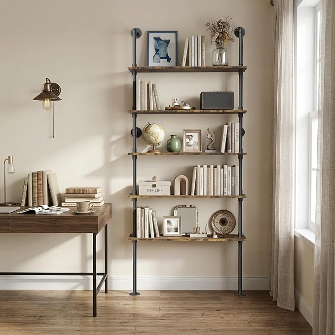 Merapi Rustic Industrial Bookshelf, 78.6" Tall 5-Tier Storage Shelf with Solid Wood & Metal Frame, 9.8" D x 35.4" W for Living Room, Office, Bedroom Farmhouse Display