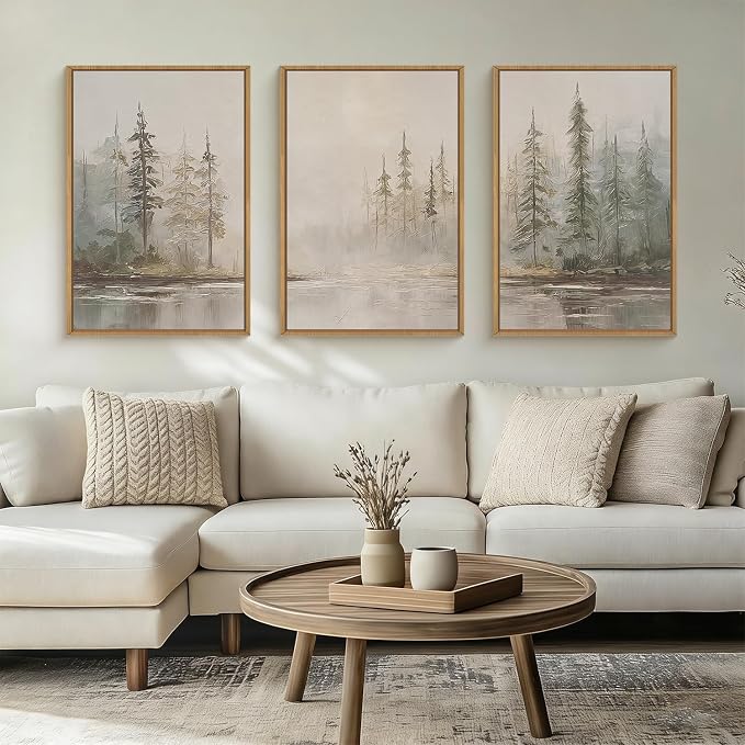 HPNIUB Modern Misty Pine Tree Framed Wall Art Set,Neutral Abstract Landscape Wall Decor,Nature Foggy Forest Art Print,Beige Rustic Farmhouse Artwork for Living Room, Bedroom,Office-24 x36 x3