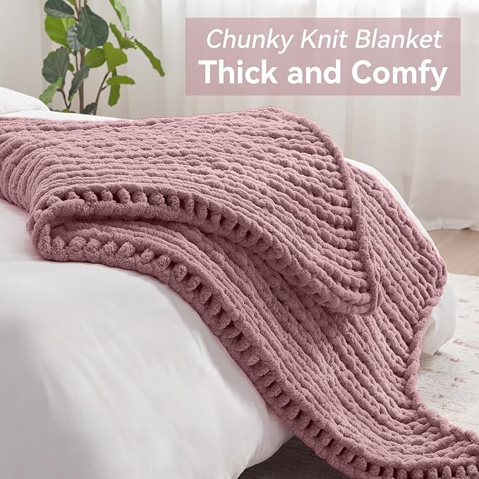 Negwoo Chunky Knit Throw Blanket, 50''*60'' Knitted Throw Chenille Yarn for Bed Couch, Handmade Muted Pink Crochet Big Thick Blanket, Machine Washable Cute Comfy Blanket for Home Decor