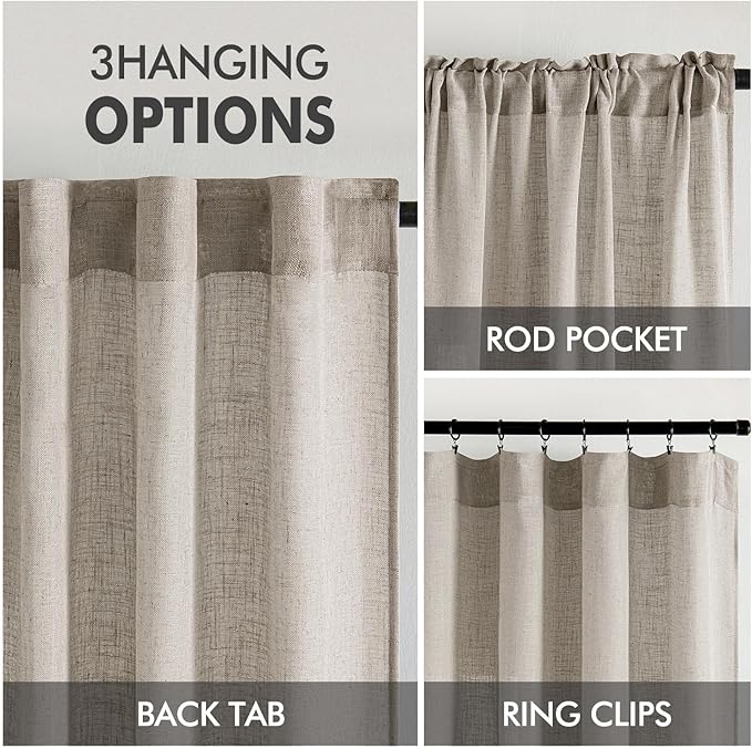 MIULEE Burlywood Birch Linen Curtains 54 Inch Length 2 Panels for Bedroom Living Room, Soft Linen Textured Window Drapes Semi Sheer Light Filtering Back Tab Rod Pocket Farmhouse Burlap Look Decor