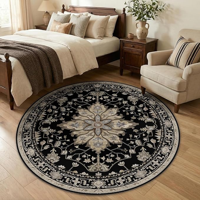 RELEANY Area Rugs 5ft Washable Non-Slip, Floral Vintage Distress Print Pattern Medallion Carpet for Living Room Bedroom Dining Room, Black Brown Neutral Dark Tan