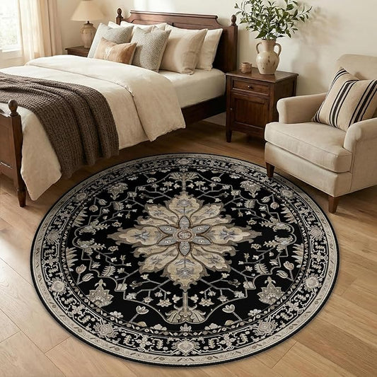 RELEANY Area Rugs 5ft Washable Non-Slip, Floral Vintage Distress Print Pattern Medallion Carpet for Living Room Bedroom Dining Room, Black Brown Neutral Dark Tan