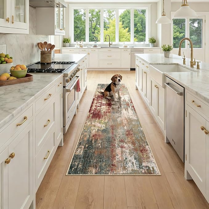 RELEANY Washable Area Rugs 2x7 Non-Slip Modern Abstract Soft for Living Room Entryway Bedroom Nursery, Print Pattern, Brown Rust Red Green Blue Multi
