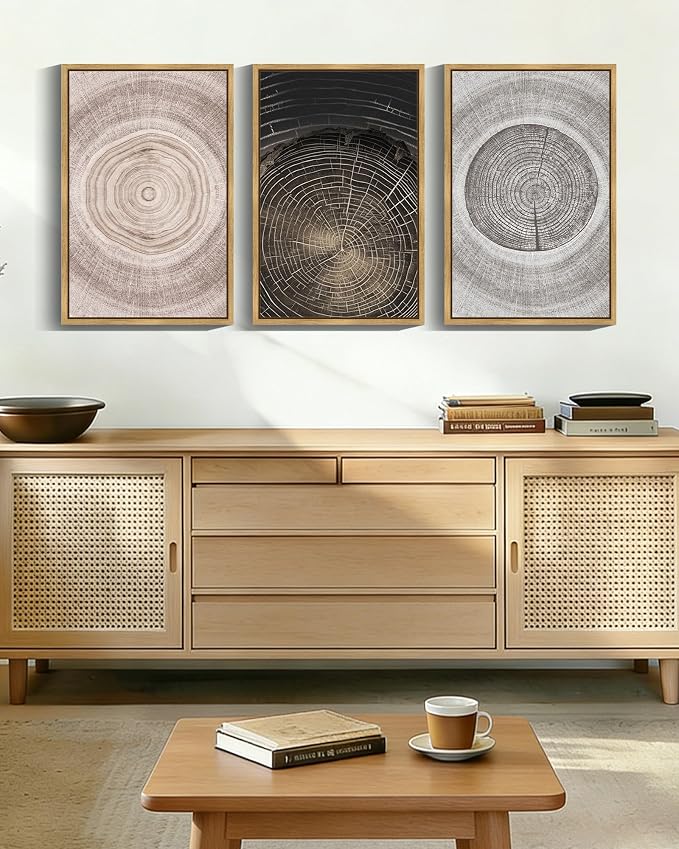 PHOPAGO Vintage Wood Tree Rings Wall Art 16x24in Farmhouse Rustic Framed Canvas Paintings Living Room Bedroom Decor Nature Artwork Natural Framed