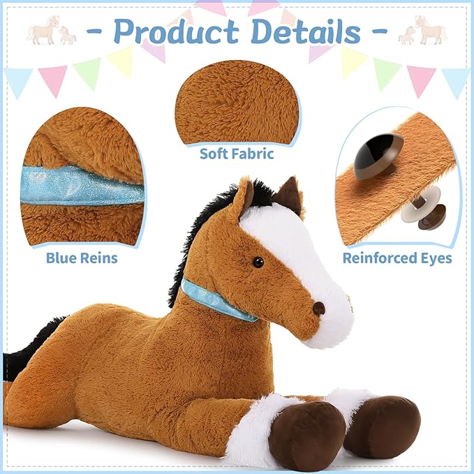 Tezituor 4ft Darkbrown Horse Stuffed Animals, 47Inches Realistic Stuffed Pony Plush Toys for Ridding, Hugging Soft Horse Plush Body Pillow Christmas Birthday Gift for Boys Girls