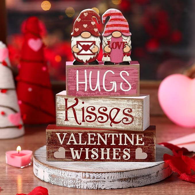 Lineshading 4 Pcs Valentine Day Table Decoration Pink Gnomes Valentine Centerpiece Valentine's Day Tiered Tray Decor Rustic Wooden Gnomes Heart Block Signs Red Pink White Valentines Decor for Home