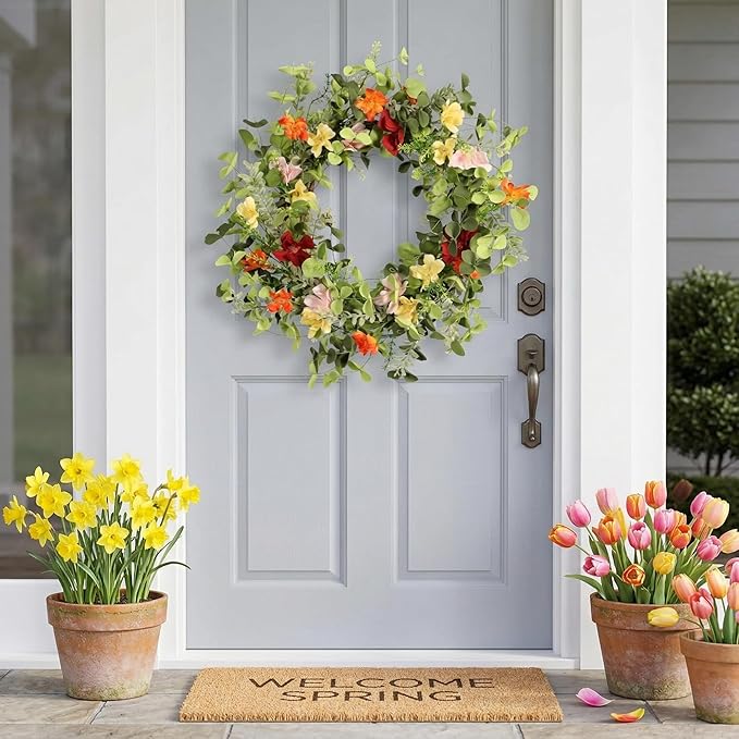 22IN Artificial Spring Summer Wreath with Wild Flowers & Silk Daisies Eucalyptus, UV Resistant, Colorful Wreath - for Spring Summer Indoor Outdoor Home Décor