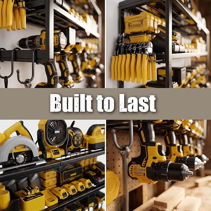 Heavy Duty Power Tool Organizer for Wall Mount Garage Storage – 320 lbs Capacity, 3-Tier Iron Wire Rack with 7 Drill Slots, Shelf for Battery Charging Station – Gift for Dad Handyman