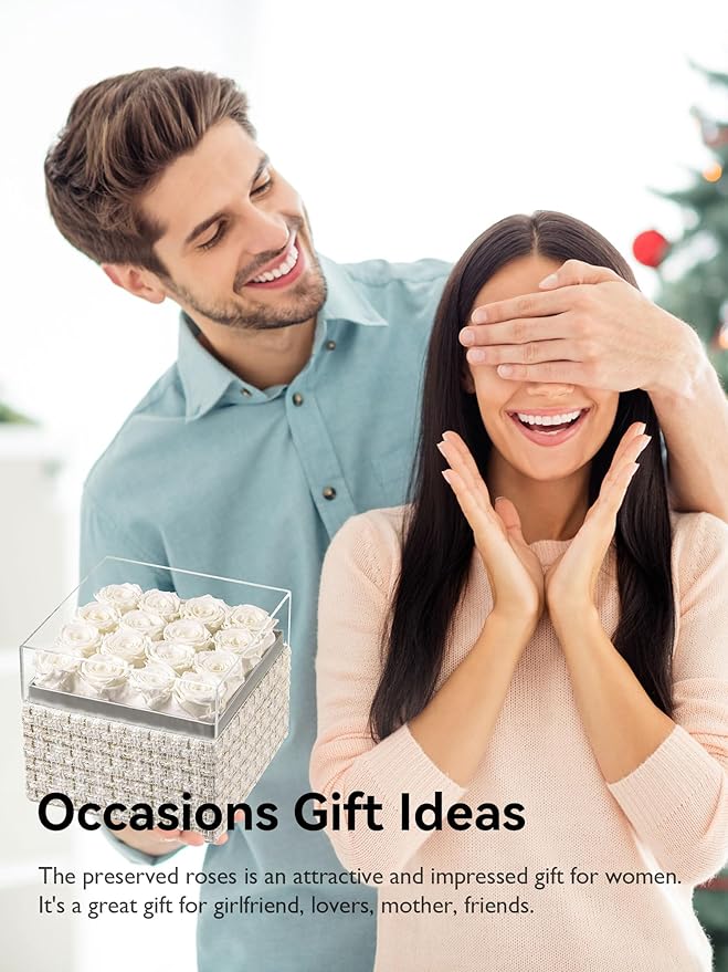 Eterfield Forever Flowers Preserved Roses Real Roses that Last Over a Year Rose Box Gifts for Her Mothers Day Valentines Day Christmas (Square Gold White Plaid Box, 16 White Roses)