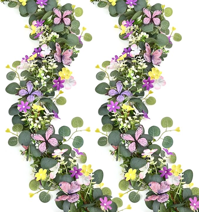 Waipfaru 2Pcs Eucalyptus Garland with Daisy 3D Butterfly, Green Garland with Flowers, 5.9FT Artificial Faux Eucalyptus Leaves Vines for Table Mantle Home Wedding Party Indoor Outdoor Decor